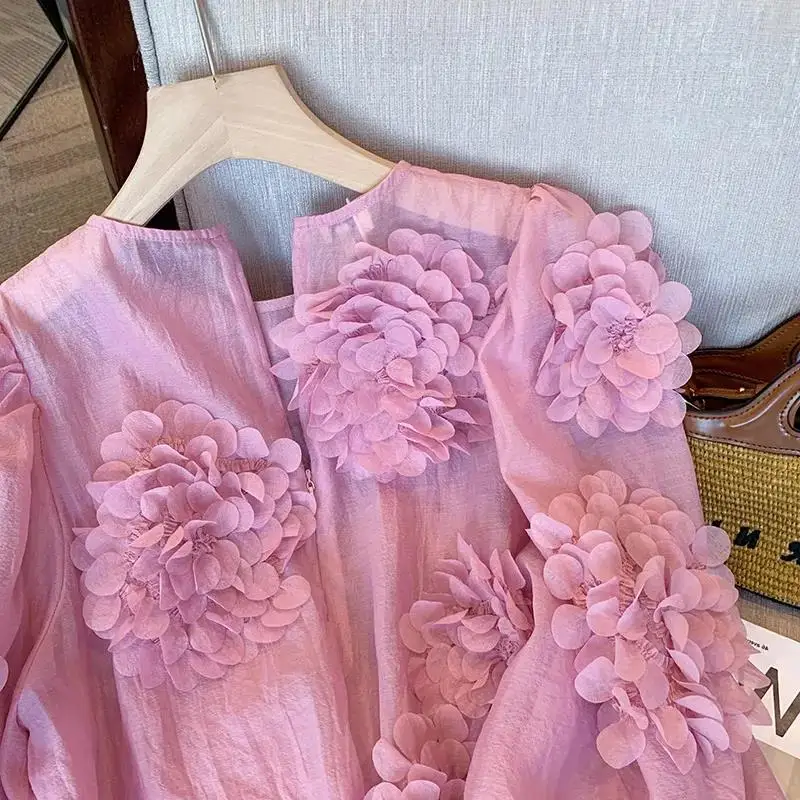 Женские рубашки шикарные розовые с трехмерными цветами Новинка весенне-летние