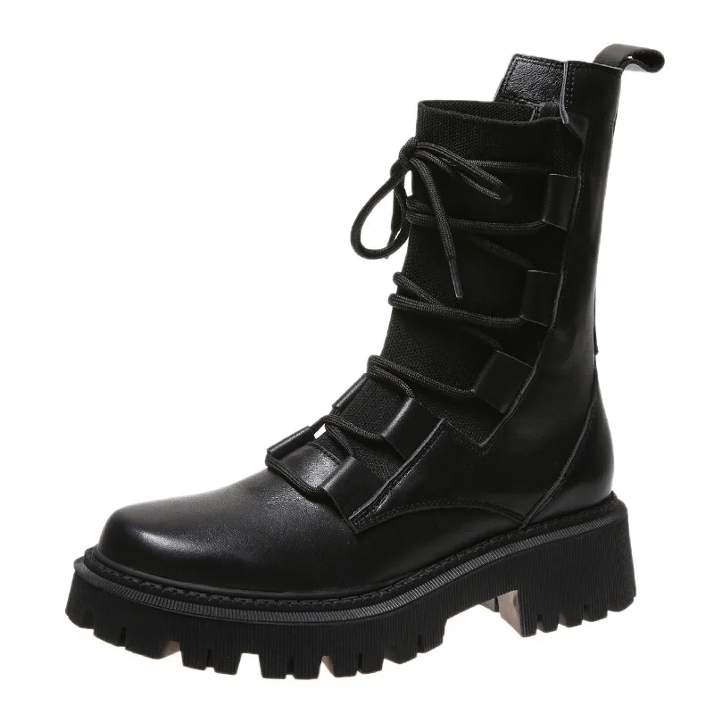 2022 Autumn New Women's Boots Thick Heel Low Heel Flying Knitted Stitching Boots Motorcycle Boots European and American