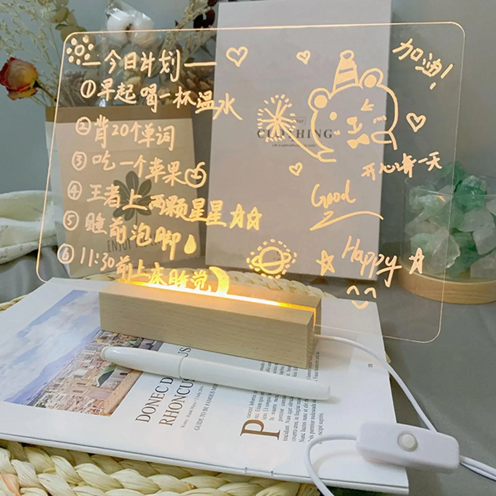 

DIY Writing Board Transparent Acrylic Message Board LED Lights Daily Memorandum Cute Room Desktop Decor
