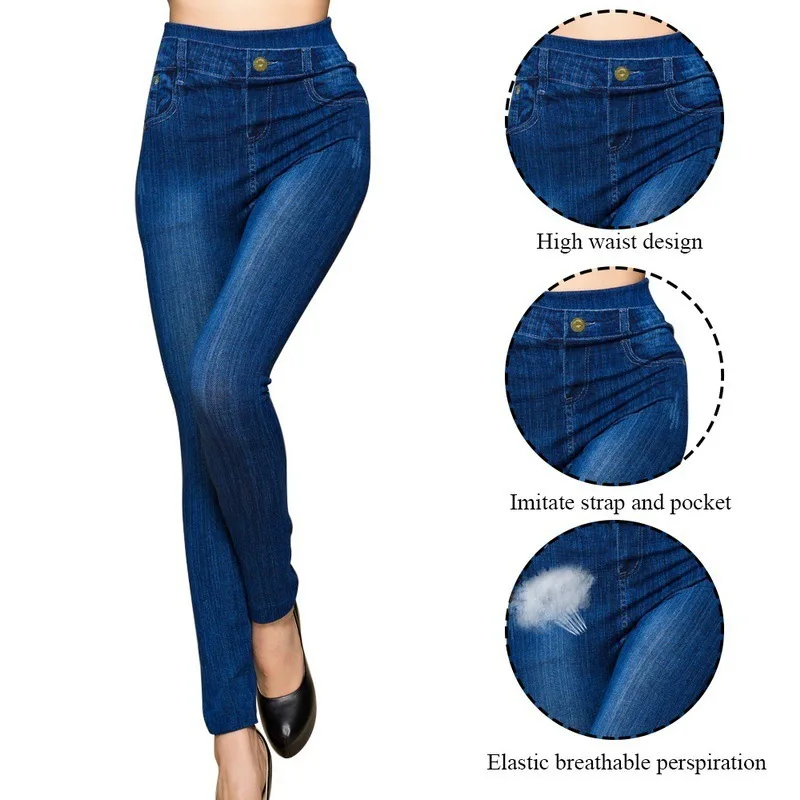 

Women Elastic Jean Leggings Pants High Waist Slim Push Up Seamless Pencil Pants Denim Casual Pants