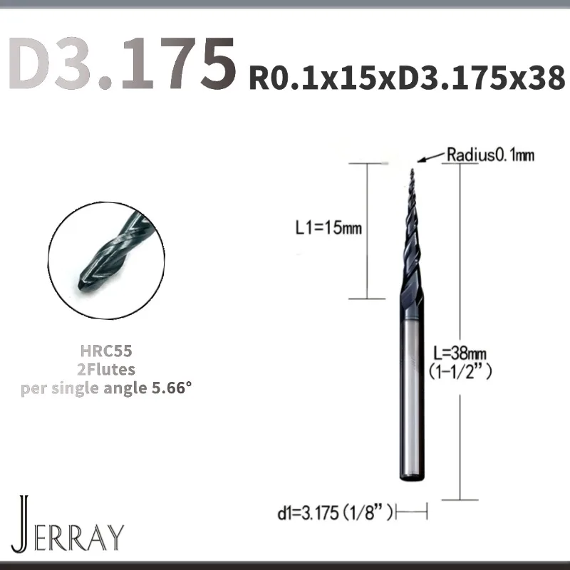 

JERRAY R0.1 D3.175 4 6 8 мм твердосплавные вольфрамовые конические сферические концевые фрезы для обработки древесины с ЧПУ 2D 3D резьбовые фрезы