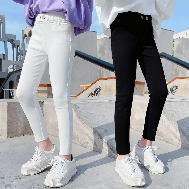 

Kids Girls 2022 Spring Autumn Fashion Ripped Solid Color Long Pants Children Clothing Casual Style Soft Slim Pencil Trousers C01