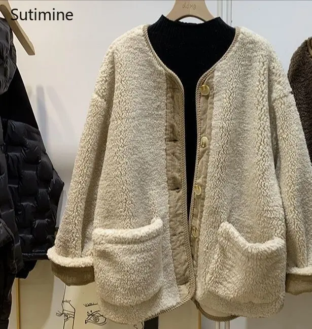 Winter Clothes Women Office Lady Korean O-Neck Loose Splicing Corduroy Lamb Wool Cotton Coat Women Single Breasted Coat Women