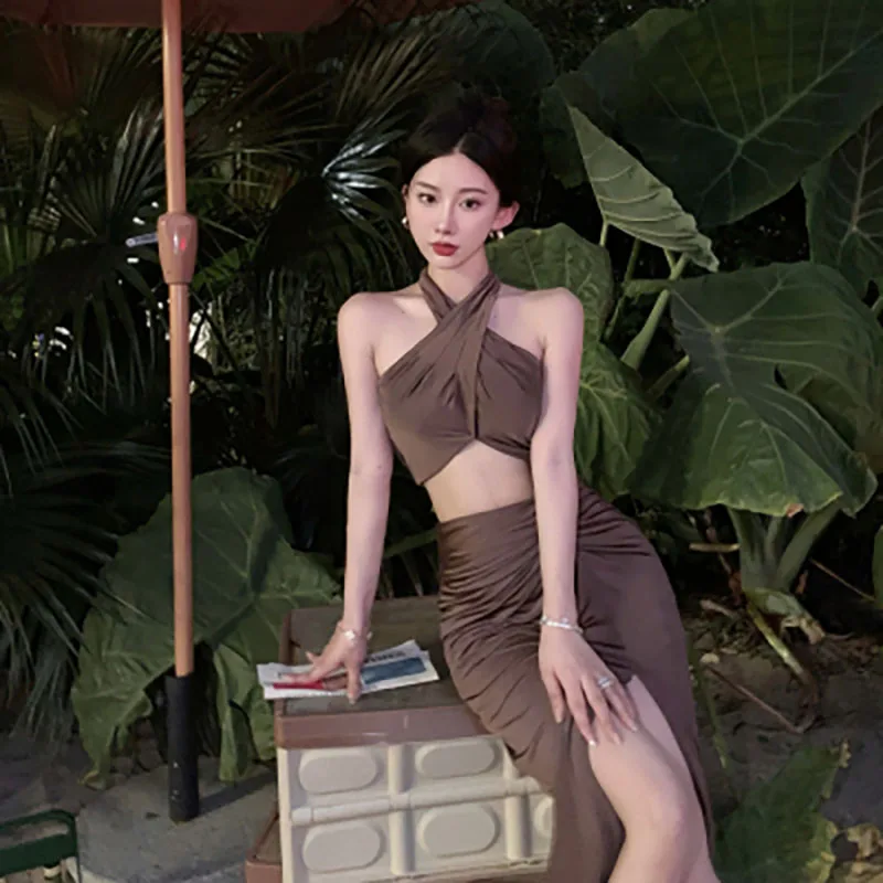 

Dress Women Summer Elegant Party Dresses 2023 Female Sexy Temperament Split Hip Backless Hanging Neck Wrapped 2 Piece Suit Robe