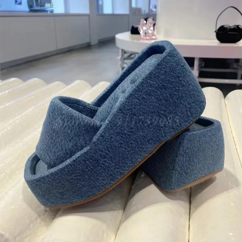 Denim Blue High Platform Slippers Modern Outside Women 2023 New Spring Fashion Design Sense Slim Height Increasing Shoes