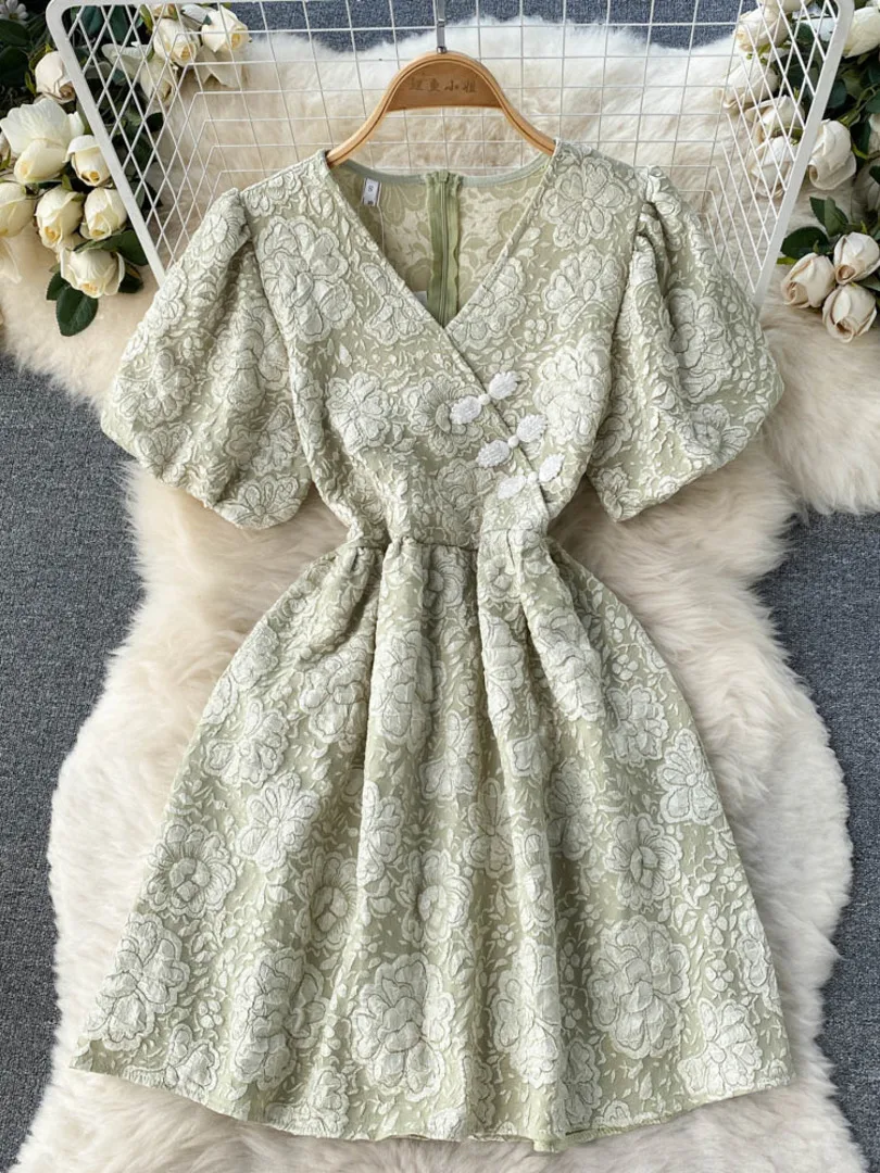

2022 Summer Women Dress Korean Fashion Puff Short Sleeve V-neck High Waist Mini Party Dress Floral Print A-line Female Dresses