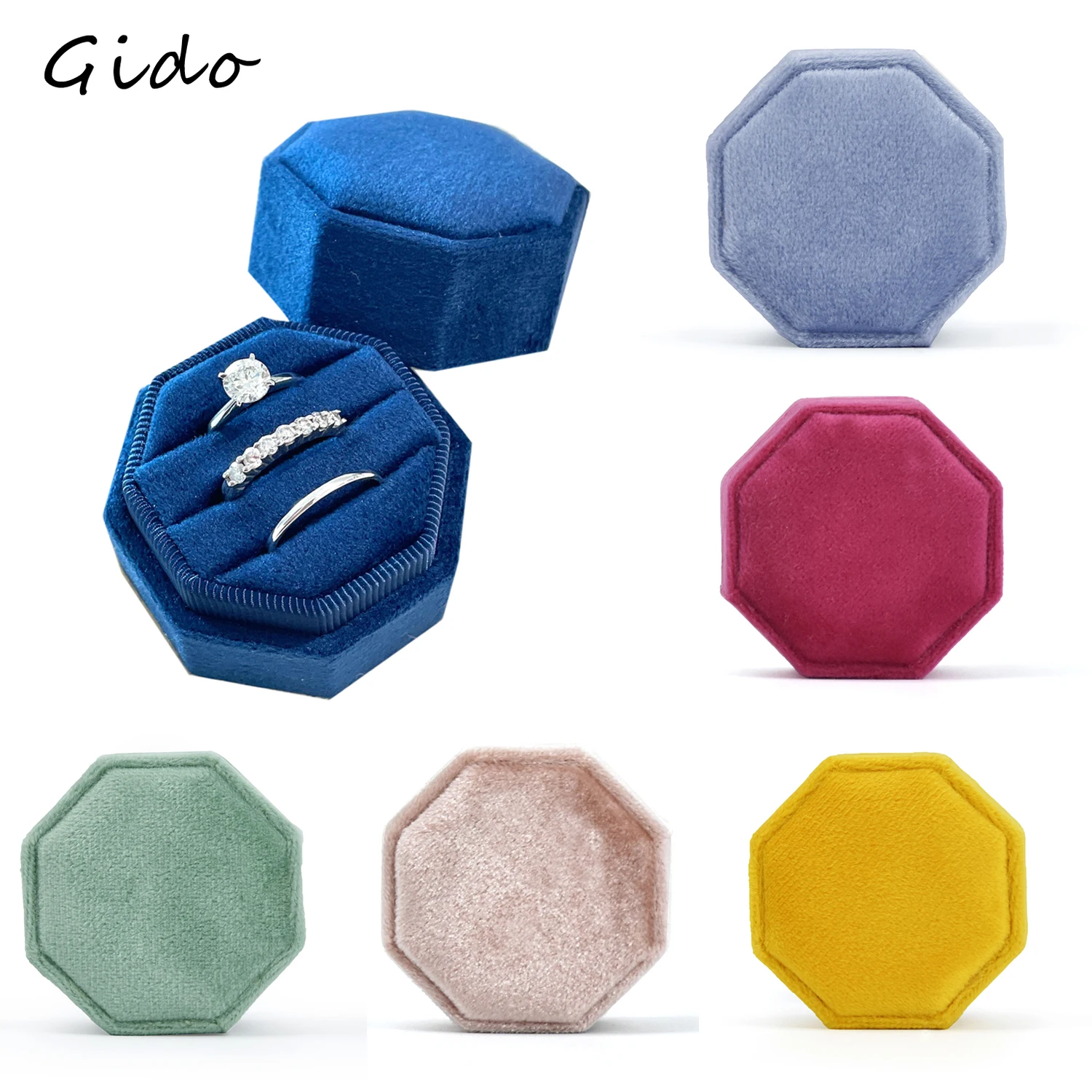 Octagon Velvet Jewelry Box Muti Color Three Slots Double Ring Storage Case Wedding Ring Display for Woman Gift Earrings Package