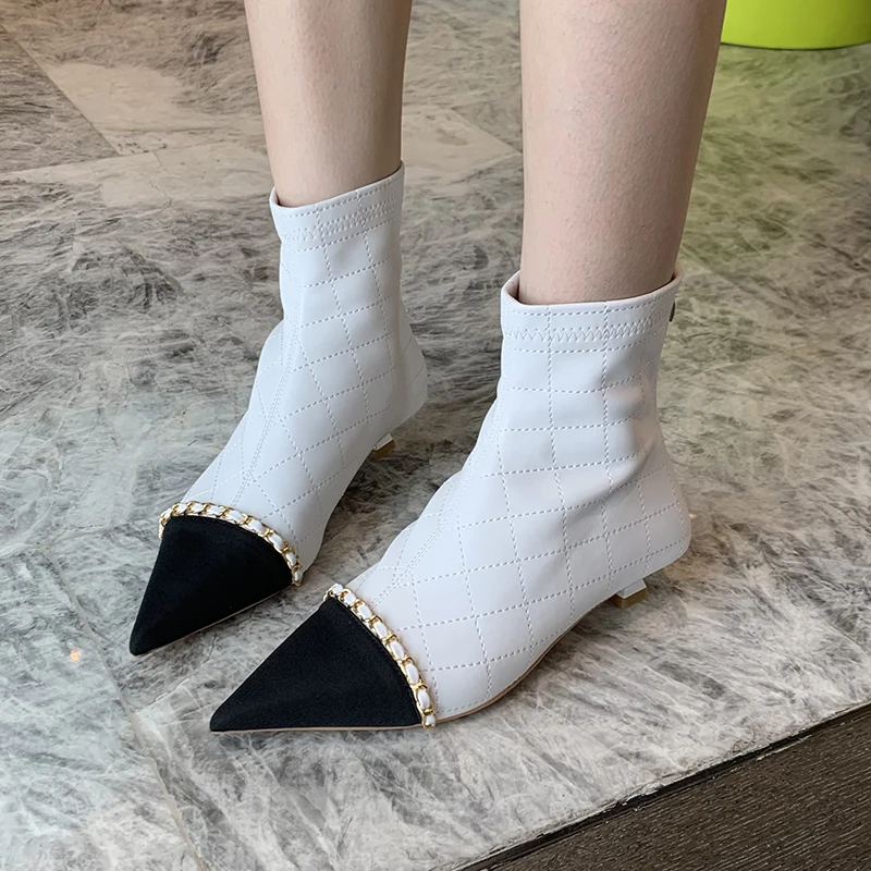 Pointed Toe Shoes Women Ankle Boots Mixed Color Metal Chain White Beige Thin Low Heels Short  Back Zipper Botines Mujer