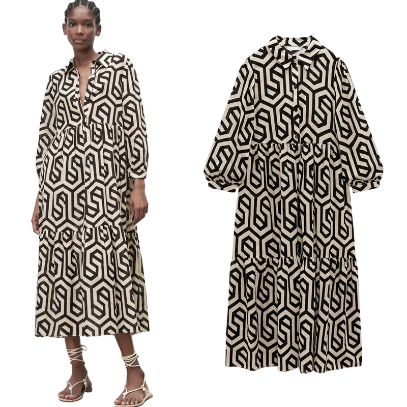 

Женское платье-миди с отложным воротником, платье-трапеция с длинным рукавом и геометрическим принтом, весна 2023