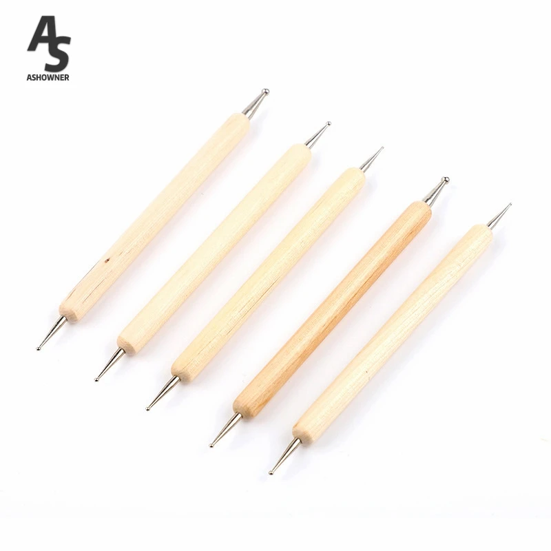 

5pcs/Set UV Gel Painting Nail Art Dotting Pen Wooden Handle Double-ended Brush Salon Decoration Manicure Rhinestone Tools Kit