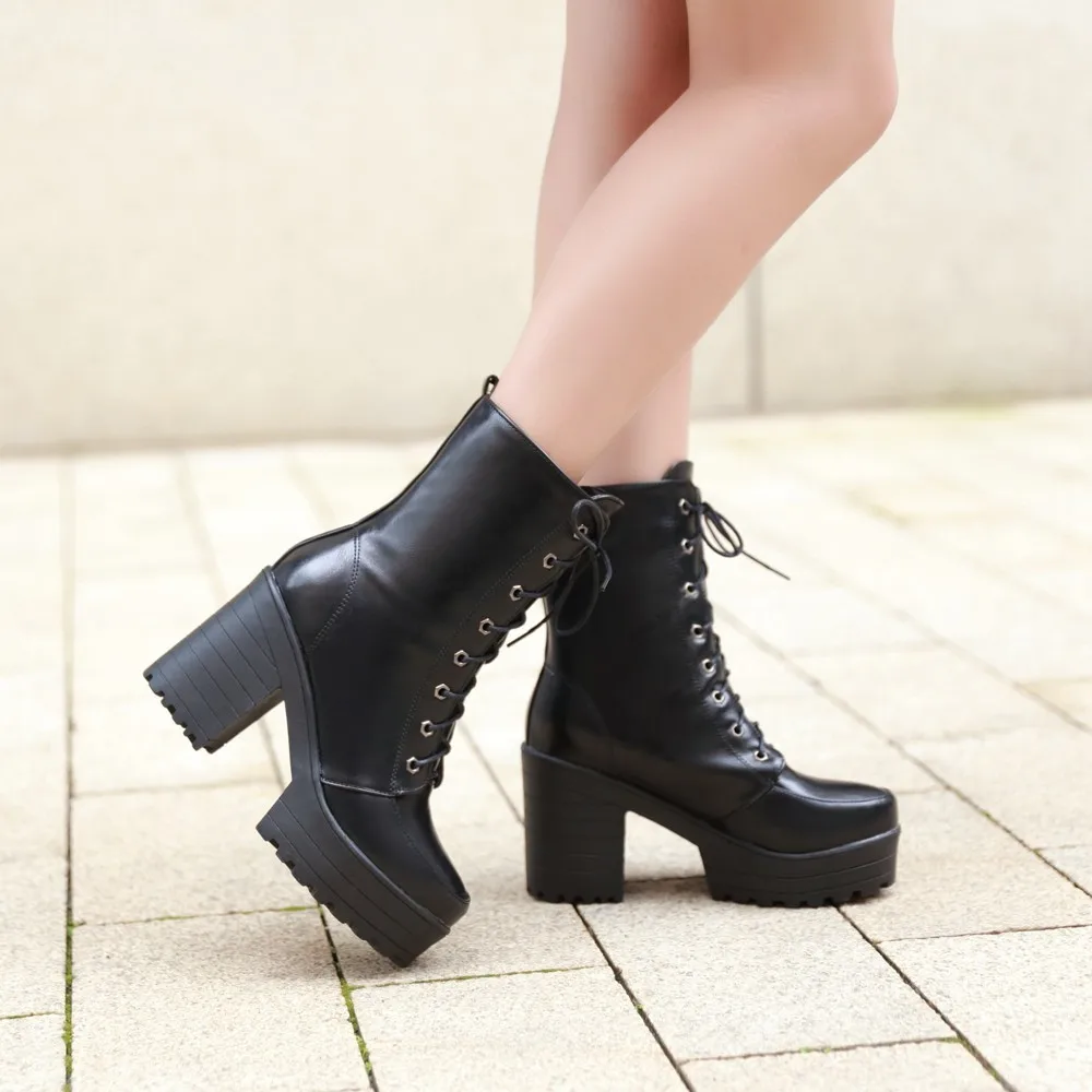 

Female Motorcycle Boots Platform Chunky Heel Lace Up Ankle Boots Women 2022 New Arrivals Ladies Dance Booties Botas Mujer White