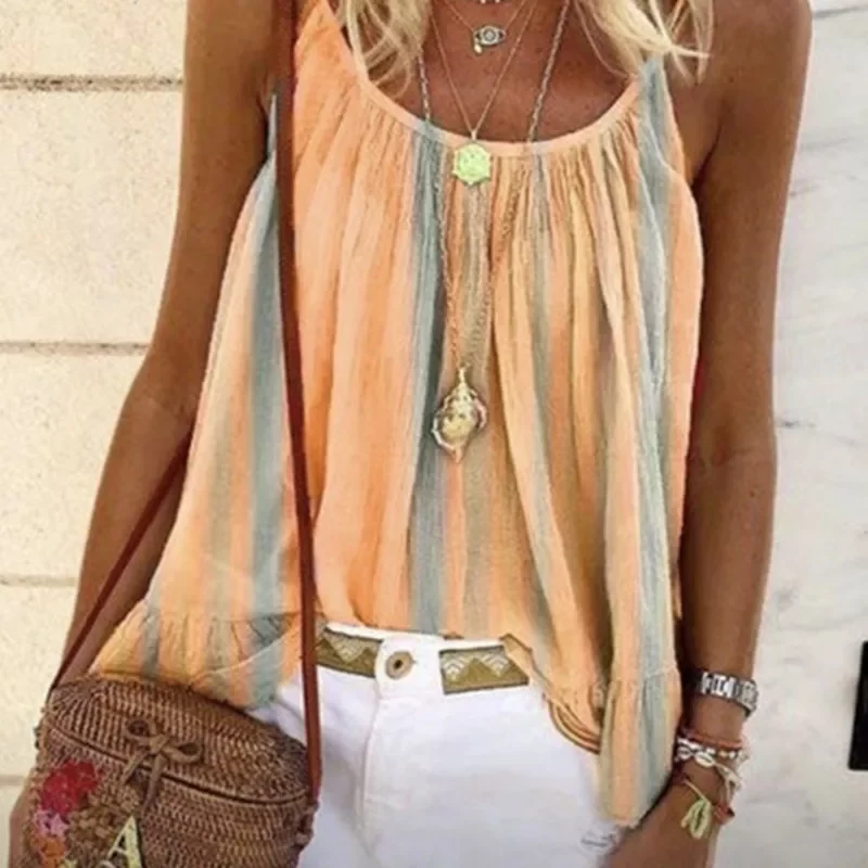

2022NEW Women's Boho Beach Strap T Shirts Striped Pleated Casual Loose Tank T shirt Sexy Off Shoulder Loose Large Size Tops