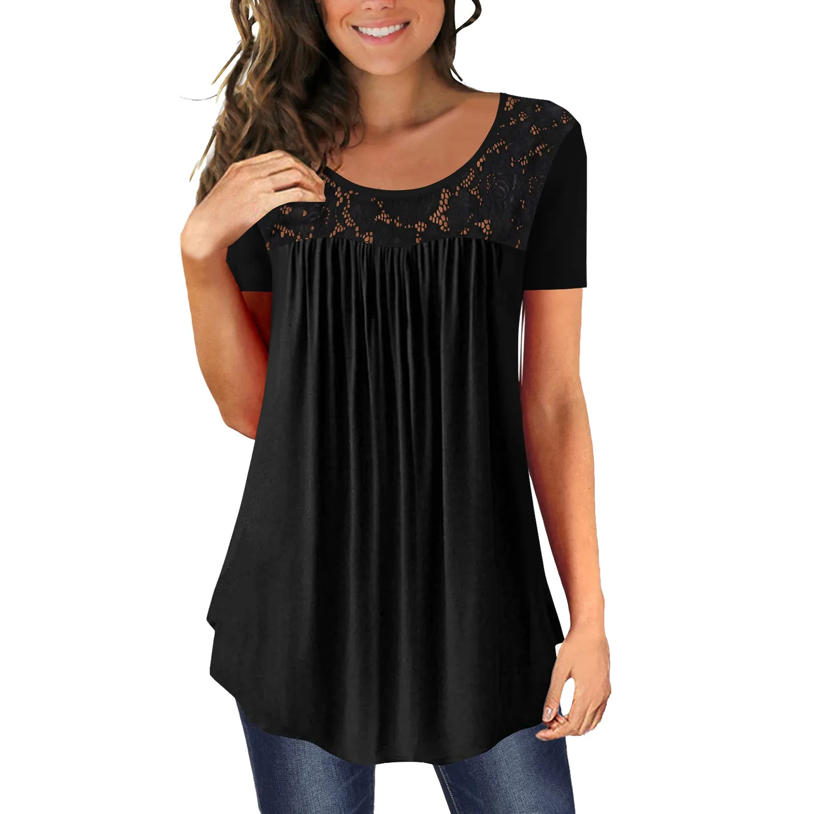 

Women Summer Casual Tunic Tops To Wear With Leggings Short Sleeve Flare Summer Loose Tshirts Flowy Lace Tee Camisas De Mujer