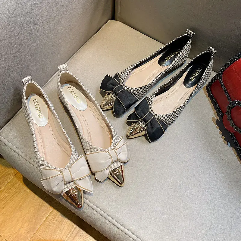 

Pointed Toe Shoes All-match Shallow Mouth Houndstooth Metal Women Small Fragrance Bow Four Seasons Flat Scoop 2022 New