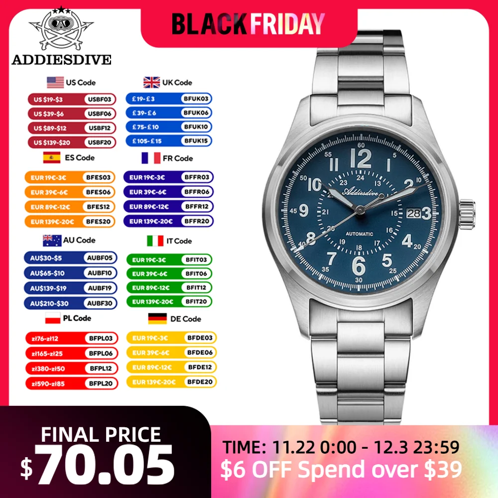 ADDIESDIVE часы для мужчин NH35 автоматические новые AD2074 наручные из сапфирового стекла
