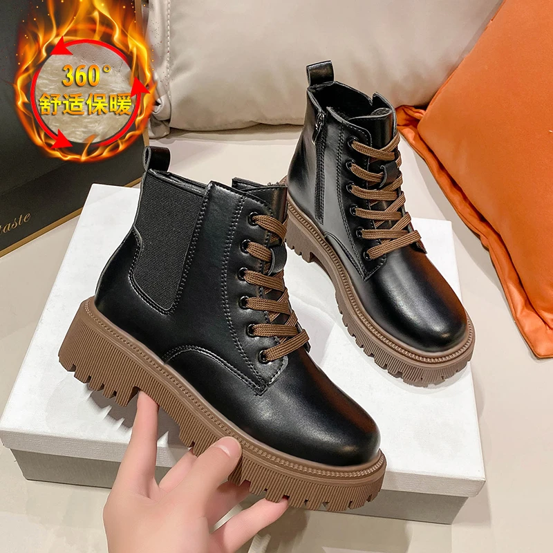 

Women's Platform Chelsea White Martens Mid Calf Ankle Boots Autumn Winter Flat Short Leather Rubber Designer