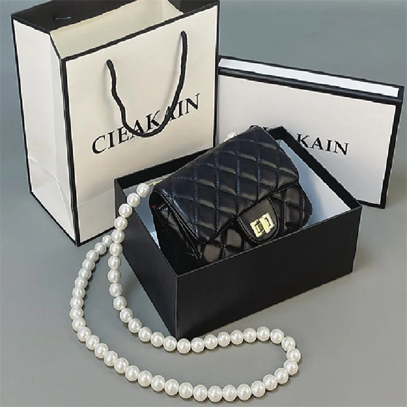 

2022 Hot Sale New Trendy Fashion All-match High-end Rhombus Pearl Chain One-shoulder Diagonal Bag High Quality PU Dating Purses