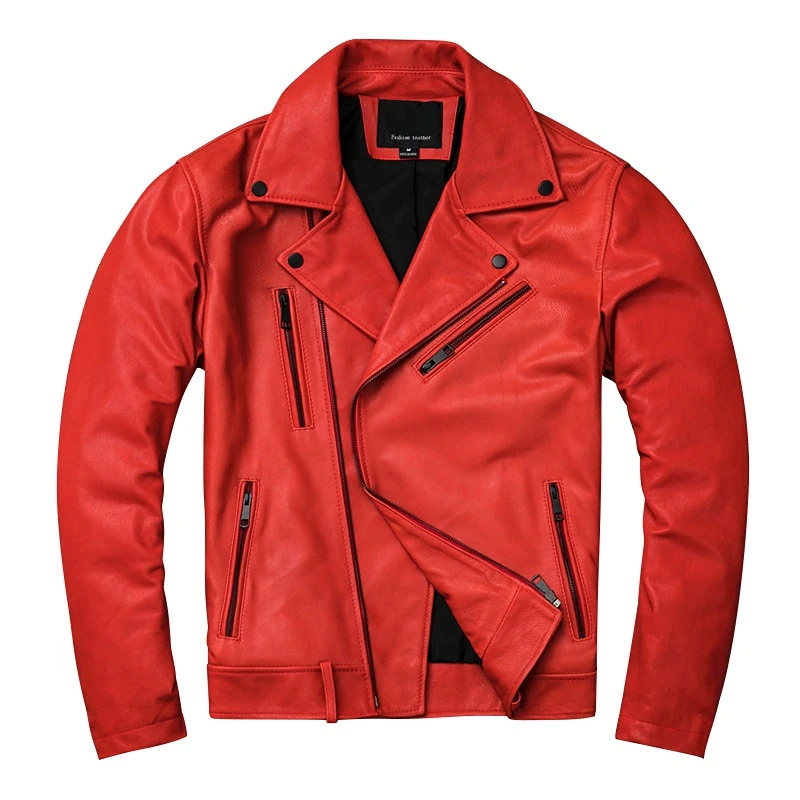 

Куртка мужская из натуральной кожи, молодежная модная байкерская куртка, пальто из овчины, мотоциклетная красная 2А