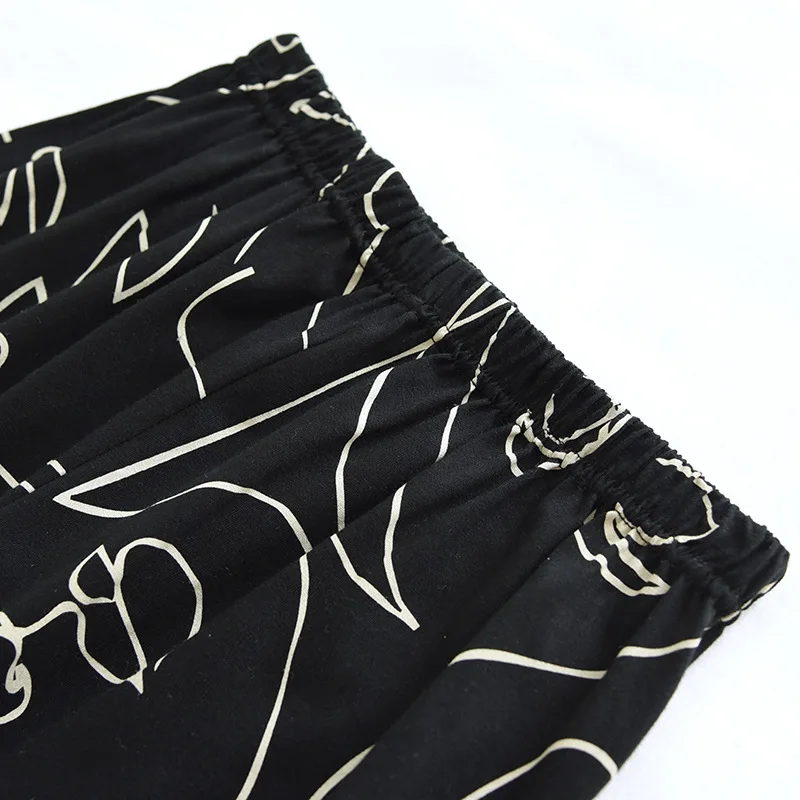 Cotton Loose Pajama Set Women Long Sleeve Nightwear Autumn Turn-down Collar Printing Pajamas Men Loungewear Sleepwear Black