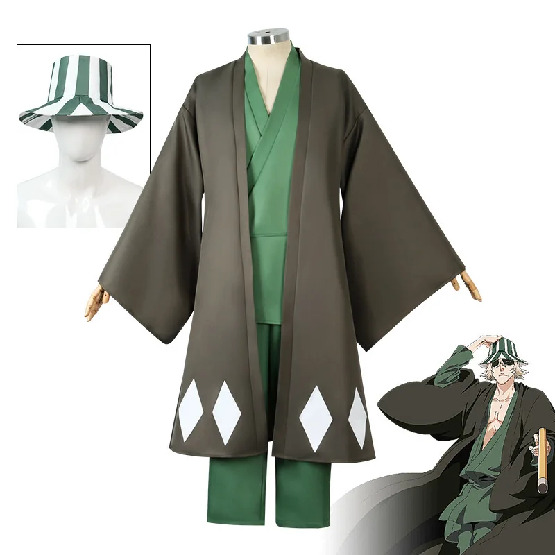 

Anime Bleach Cos Urahara Kisuke Uniform Cosplay Costume Wig Kimono Halloween For Men Women Cheap Herve Leger Cape Top Pants Hat