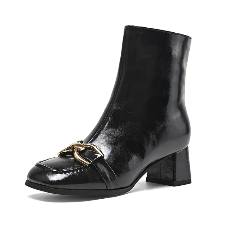 Leather All-match Chelsea Ankle Boots Women 2023 New Single Boots Thick Heel Square Head Horse Buckle Boots Women 22-56