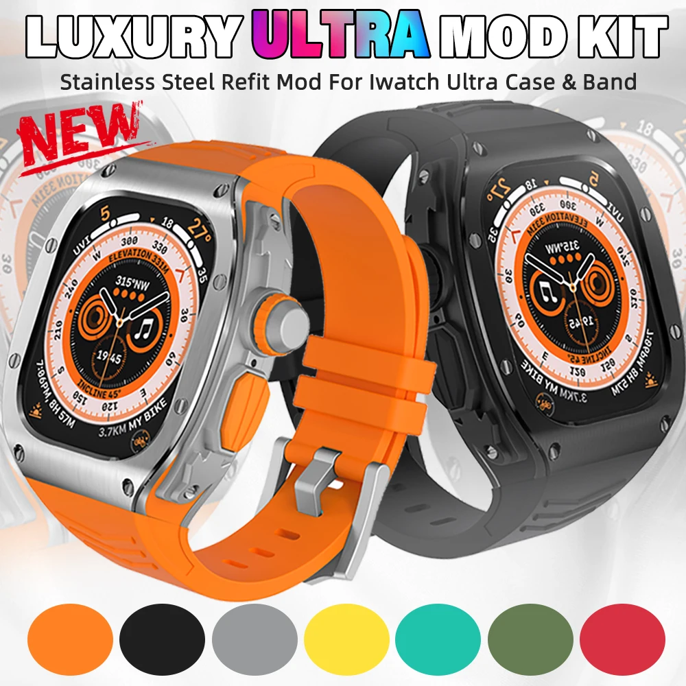 

Luxury Modification Kit For Apple Watch 8 Ultra Stainless Steel Case for Iwatch Series 49MM Silicone Strap Sports Band Refit Mod