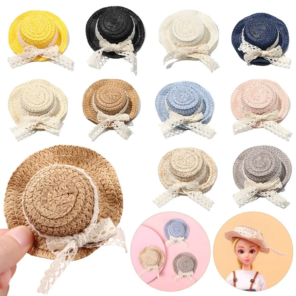 

10 Colors Handmade Lace Bow for 1/12 Doll Hand Weaved Hats Doll Hat Accessories Straw Hat Doll House Ornament