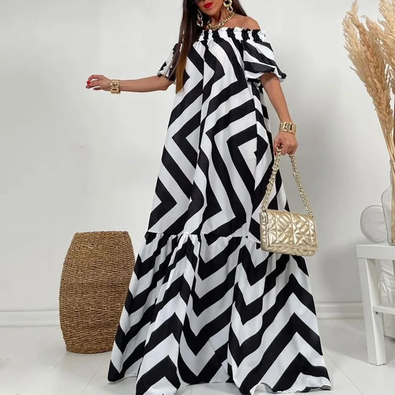 

Женское винтажное платье макси с принтом, свободное повседневное пляжное платье в стиле бохо с рукавами-фонариками и V-образным вырезом для ...