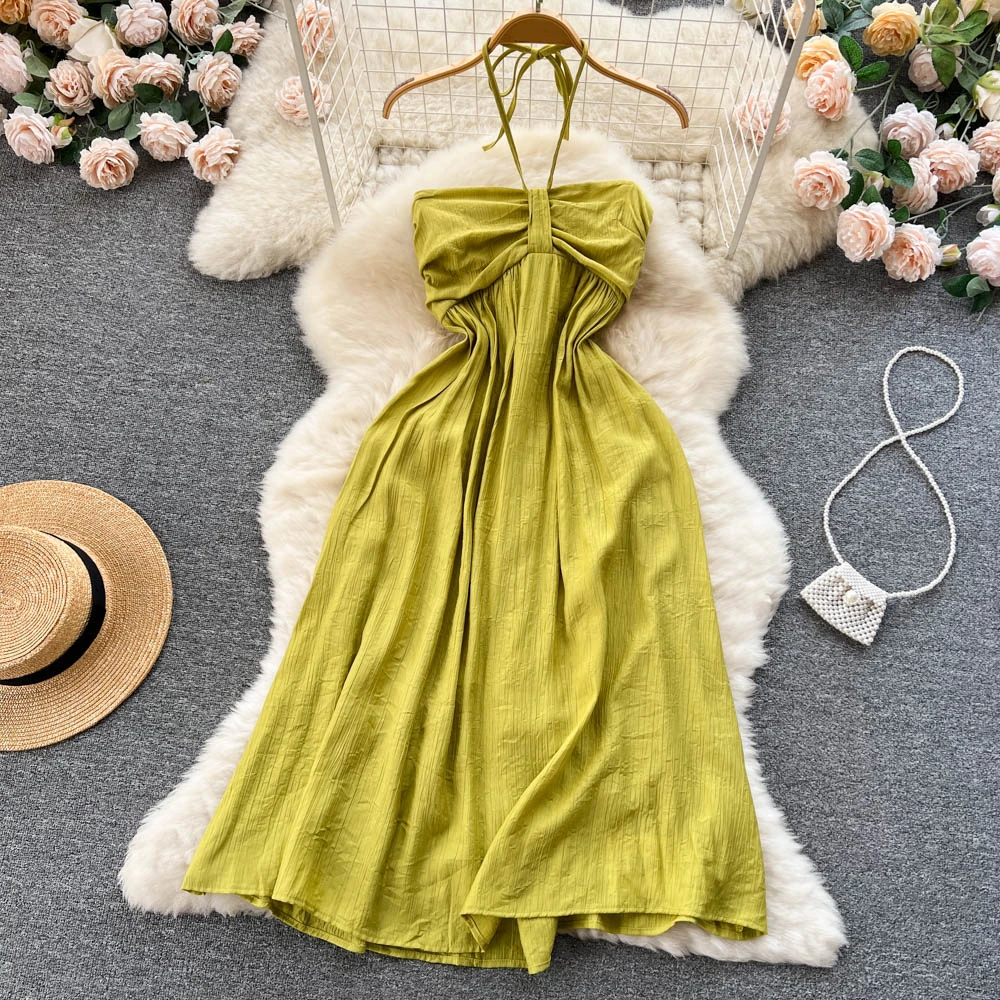 

Clothland Women Sexy Halter Sleeveless Dress Lace Up Elastic Back Backless Holiday Summer Midi Dresses Vestido QB795