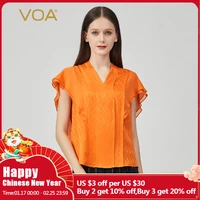 voa silk jacquard happy orange v neck folds harajuku georgette stitching sleeveless ruffled dovetail design t shirt women be739