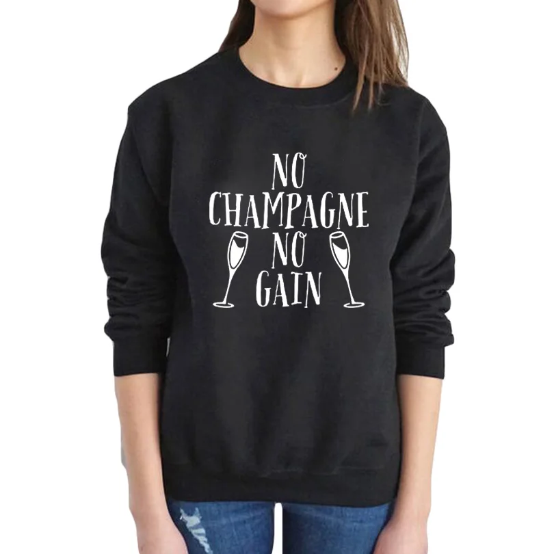 

Womens Clothes Tops No Champagne No Gain Sweatshirt Cute Women's Party Hoodies Black White Round Neck Pullover Top Hipster