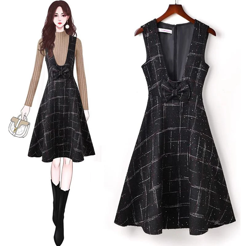 Женский Однотонный свитер с воротником-стойкой винтажное клетчатое платье на