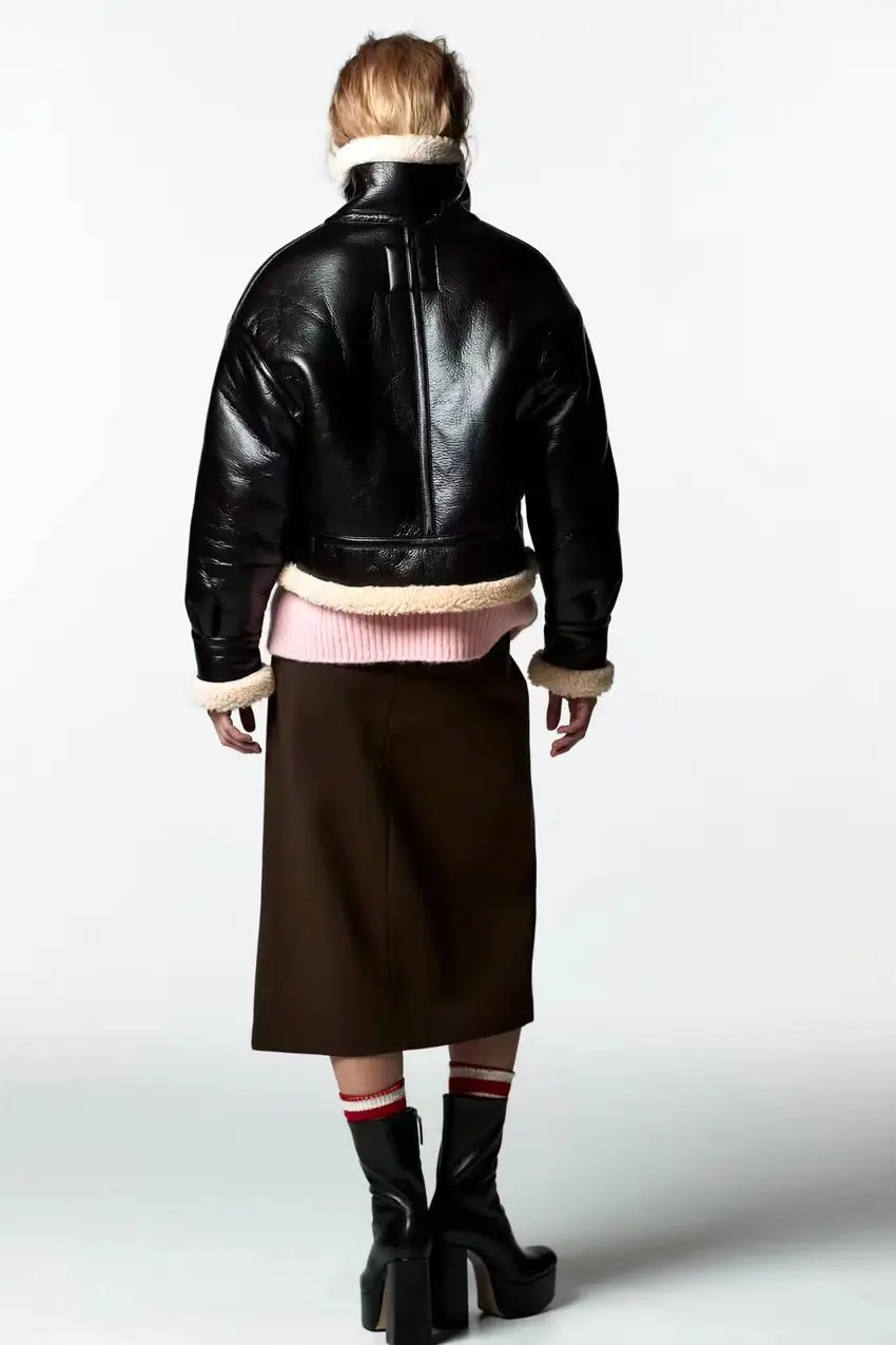 MOLAN Winter Warm Woman Faux Fur Overcoat Loose Long Sleeve Leather Loose Thick Stylish Winter Coat Female Zipper Chic Jacket