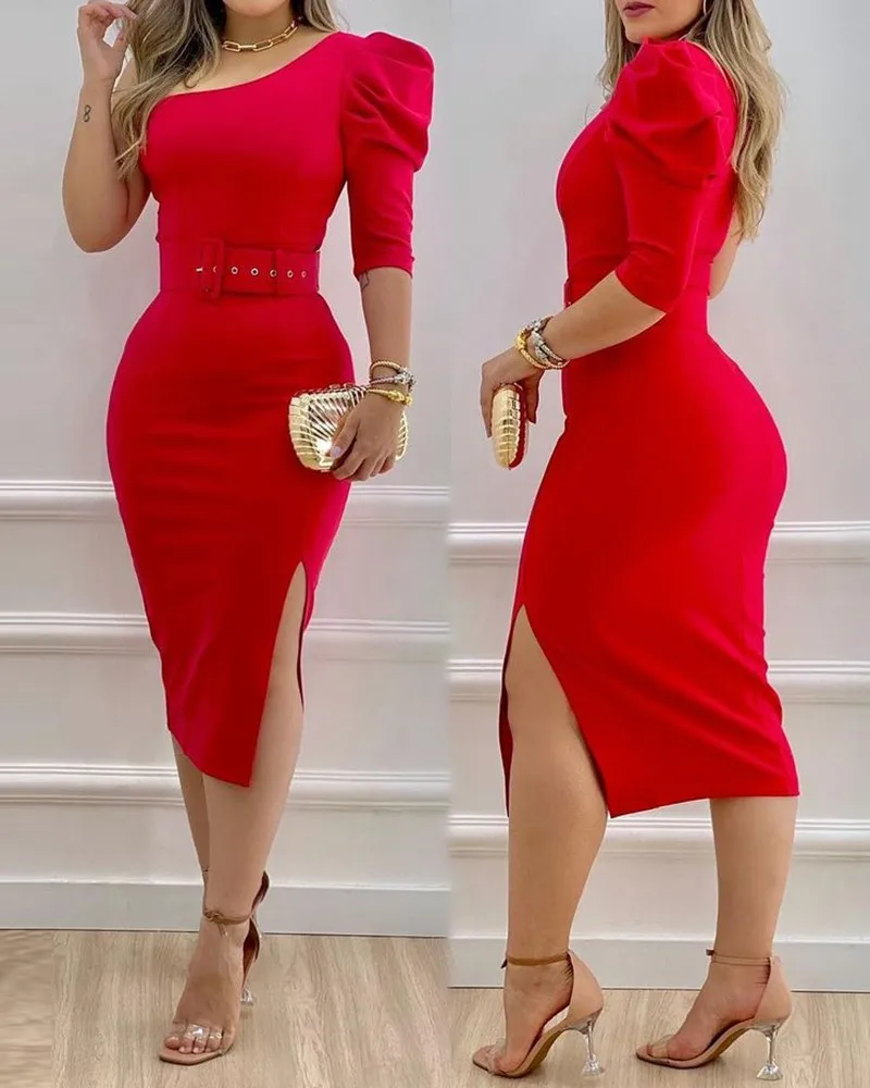 

Puff Sleeve High Slit Party Dress