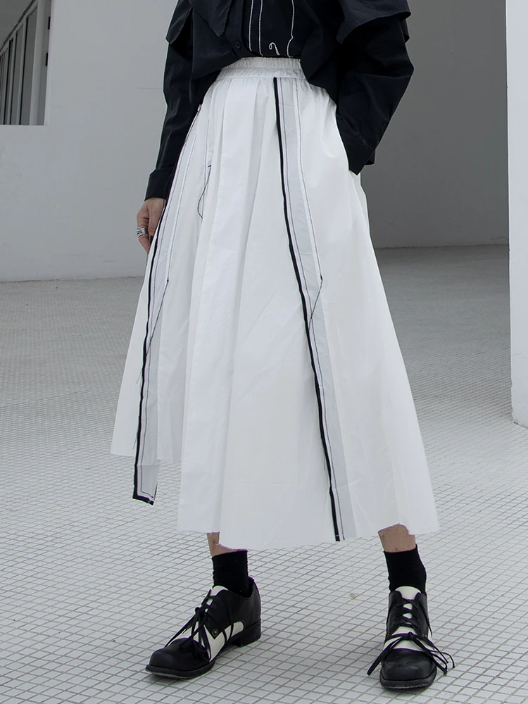 

High Elastic Waist White Color-block Long A-line Half-body Skirt Women Fashion Tide New Spring Autumn 2022 M611