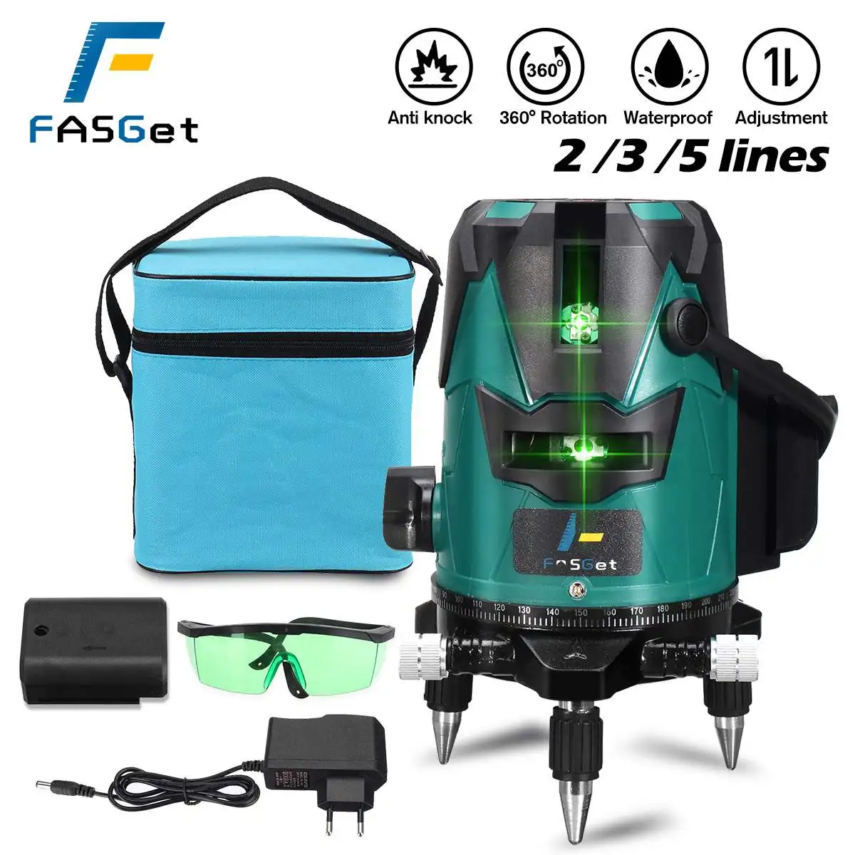 

FASGet Laser Level Can Rotate 2/3/5 Cross line self-leveling Horizontal and Vertical Indoor and Outdoor Green Laser Beam Lin