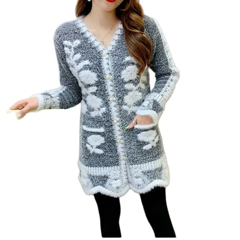 

2022 autumn/winter cardigan sweater women's sweater jacket temperament long slim imitation mink cardigan