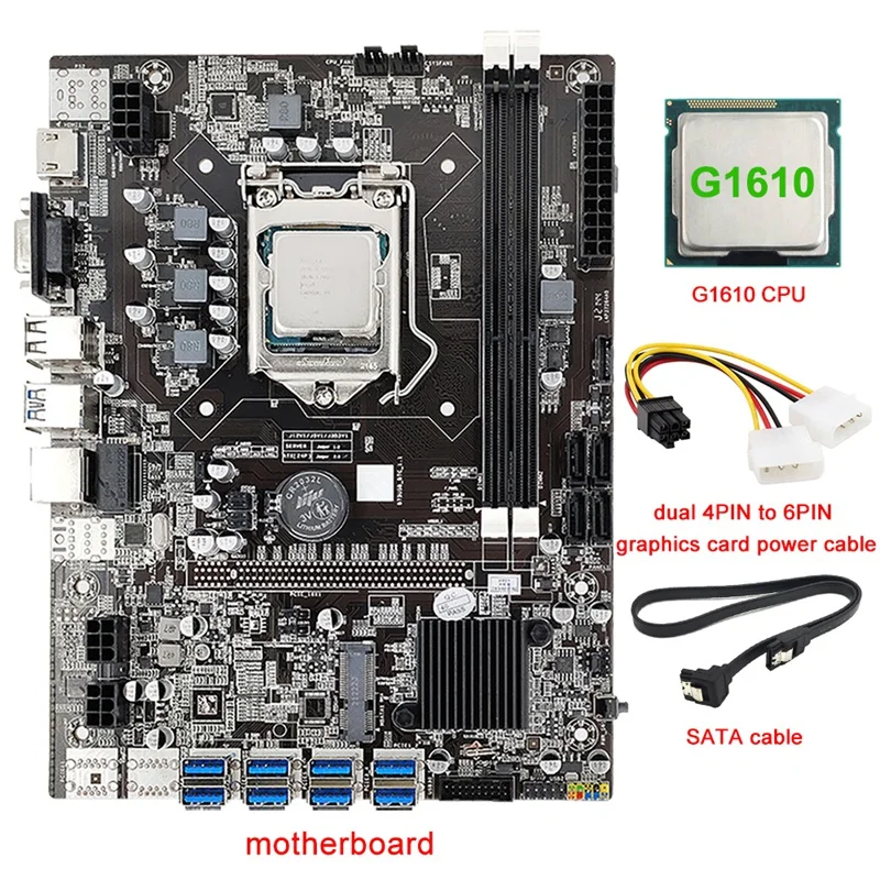 8 Card B75 BTC Mining Motherboard+G1610 CPU+4PIN To 6PIN Power Cable+SATA Cable 8 USB3.0(PCIE) LGA1155 DDR3 RAM SATA3.0