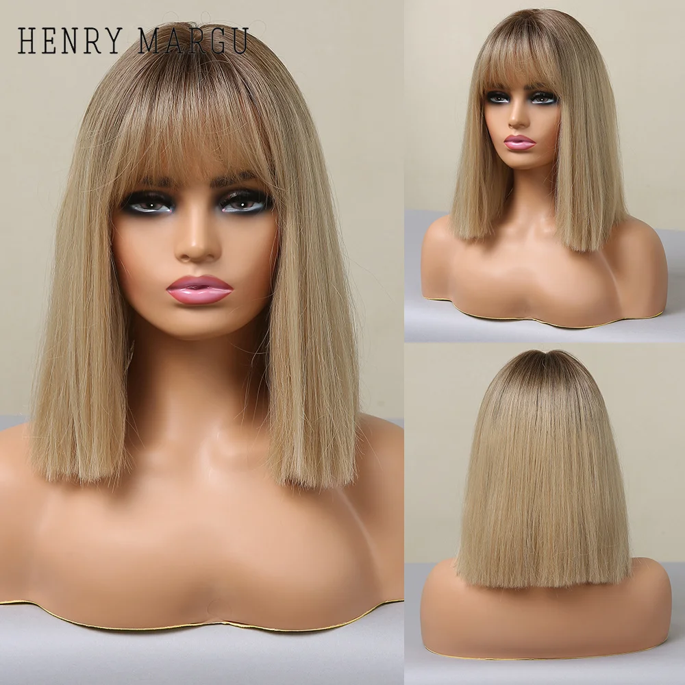 

HENRY MARGU Short Straight Synthetic Bob Wig for Women Wine Red Burgundy Hair Wig with Bangs Cosplay Party Lolita Heat Resistant