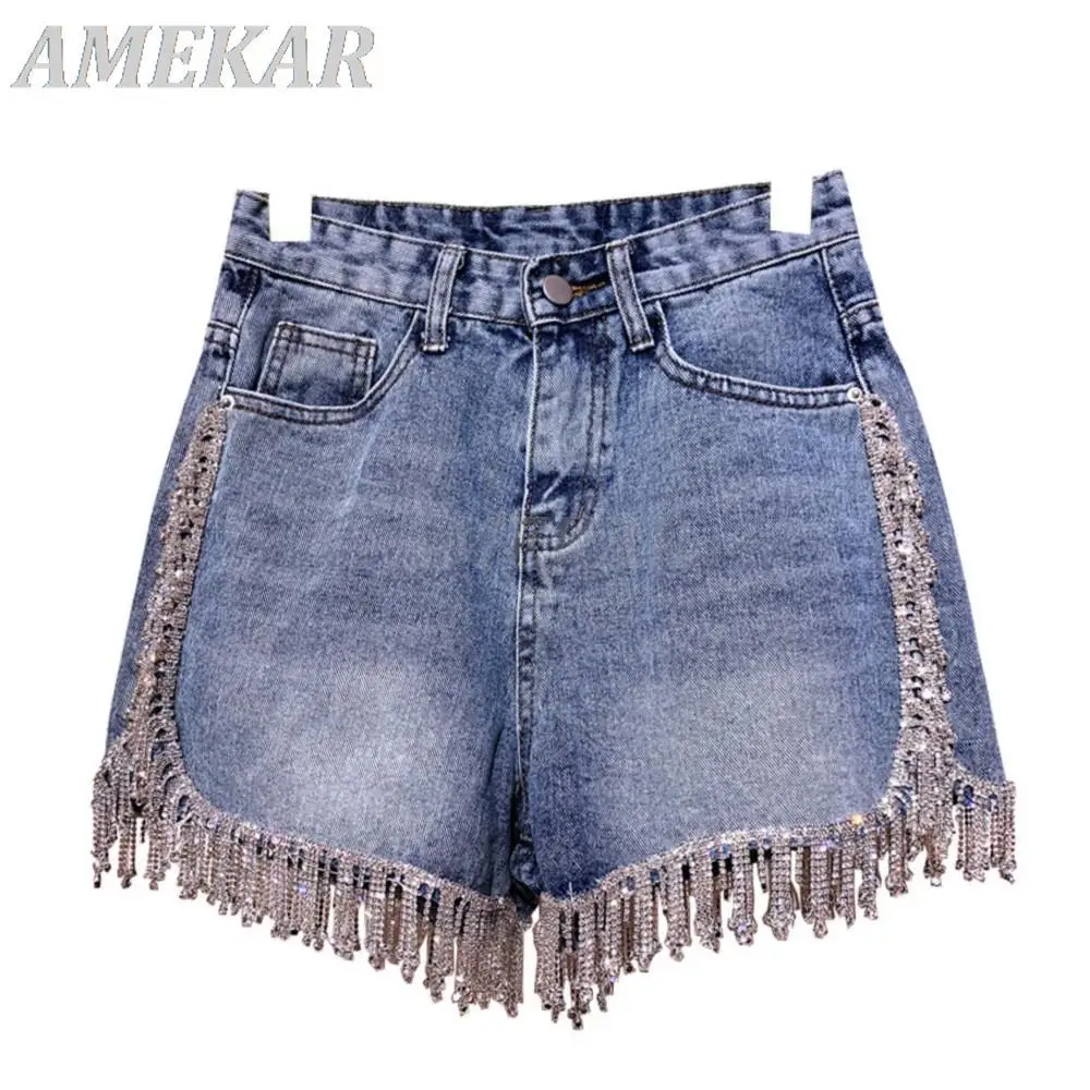 

Women's Summer Fashion Short Jeans In Blue Crystal Rhinestones Tassel Straight High Waist Denim Shorts Lady Sexy Clubwear Shorts
