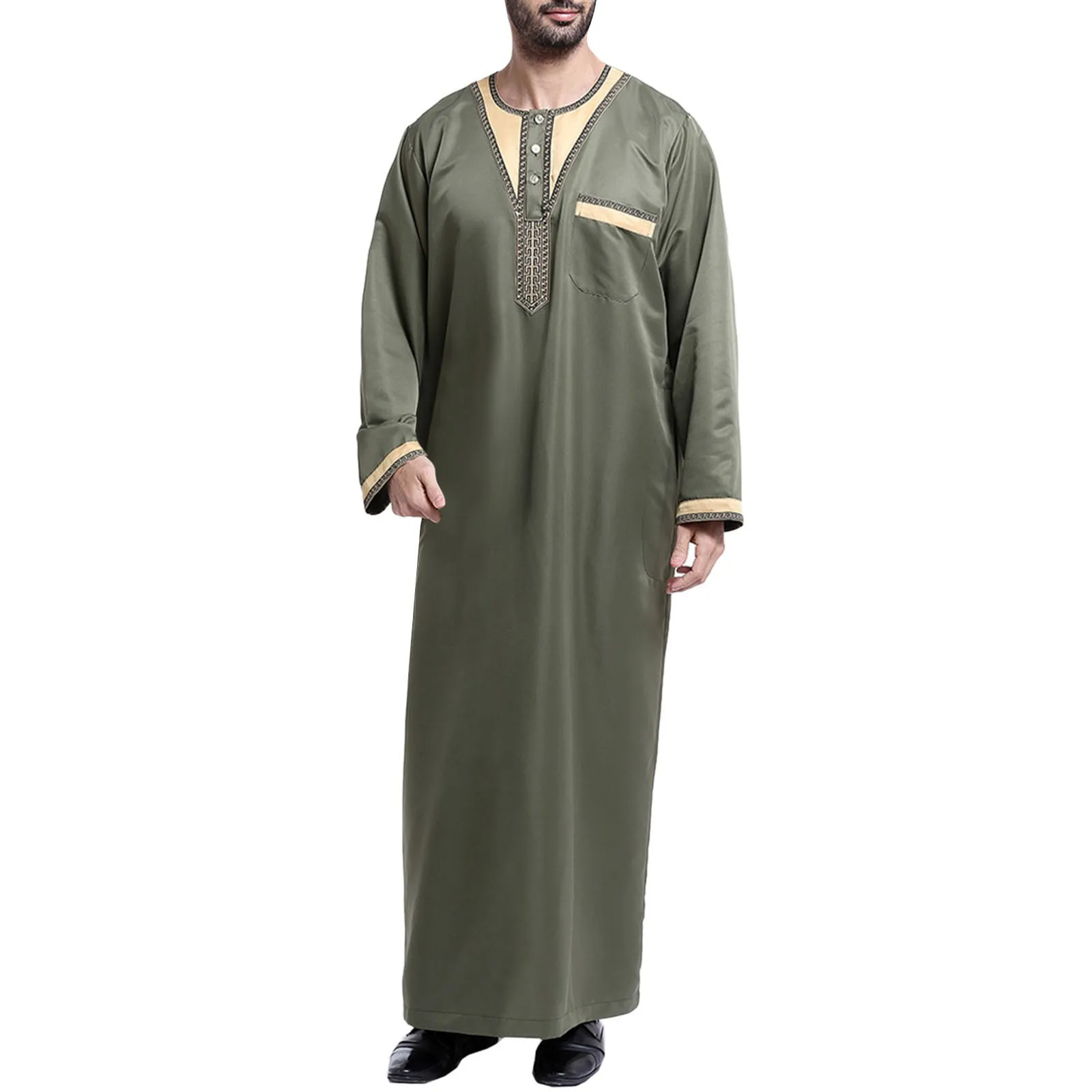 Men's Casual Muslim Arab Middle Solid Color Collar Long Sleeved Robe Lapel Overshirt