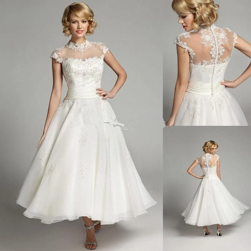 

New High Neck Wedding Dresses Ankle Length Cap Sleeve Beads Sequins Ivory Lace Organza Short Bridal Gowns Custom Made W145