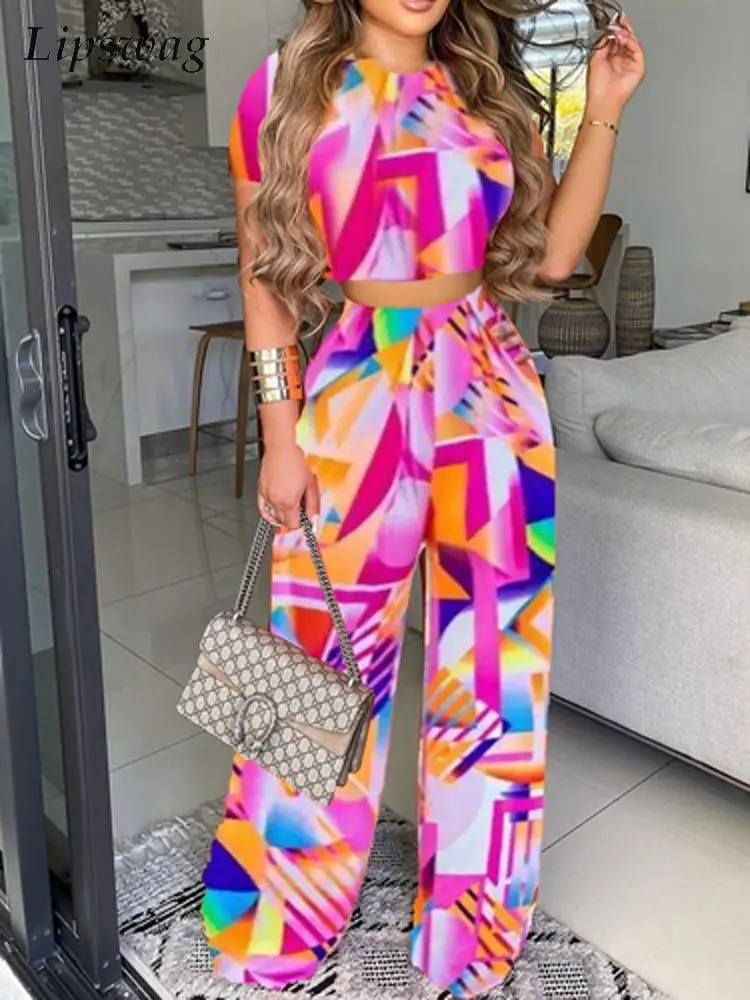 

Fashion Print T-shirt Outfits Women Short Sleeve Casual Tops Pullover And Loose Wide Leg Pants Set Lady Summer O Neck Sport Suit