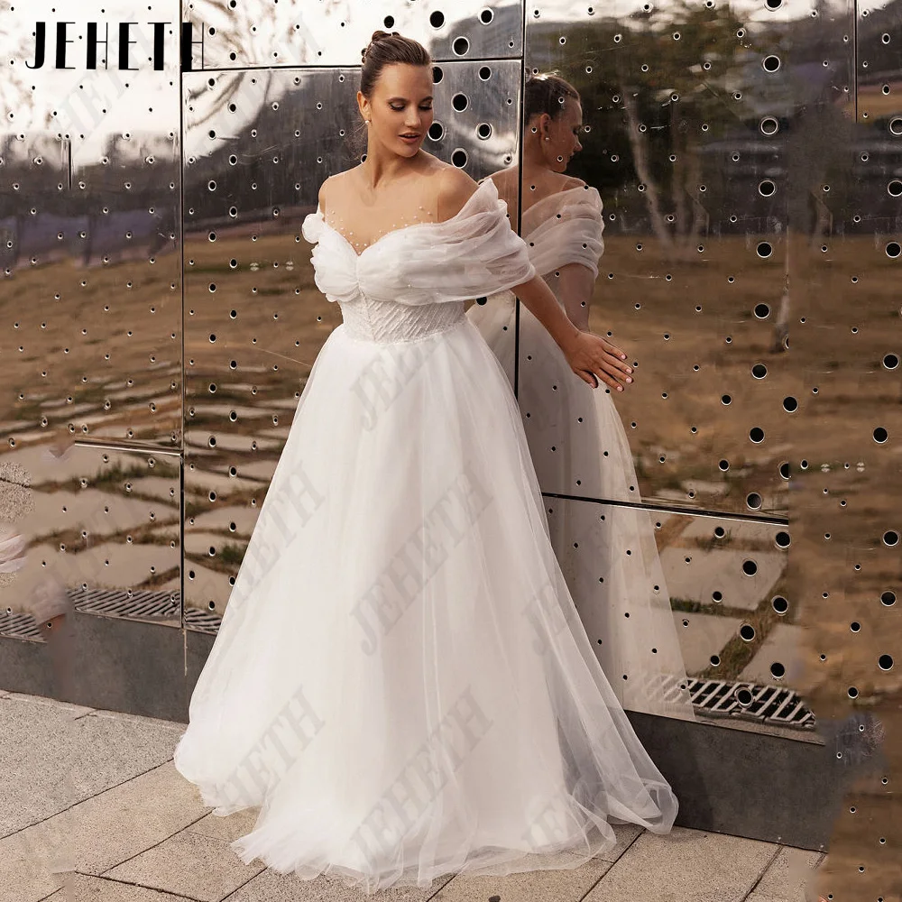 

JEHETH Elegant Wedding Dresses For Woman Off Shoulder O-Neck Beading Bride Gowns Plus Size Tulle A-Line vestidos de novia