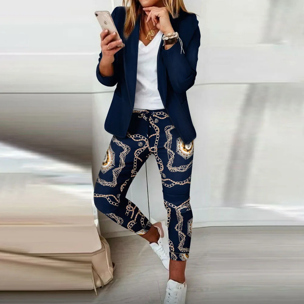 

2023 Spring Autumn Elegant Casual Ladies Suit Office Women Suit Fashion Print Lapel Blazer Cardigan + Trousers Two Piece Set