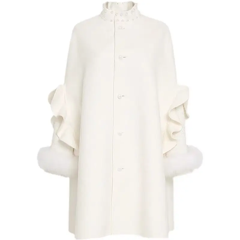 Women Faux Fur White Cardigan Coat Wool Blend Spring Autumn Winter Elegant Faux Fox Fur Ladies Fashion Coat Fur Coat