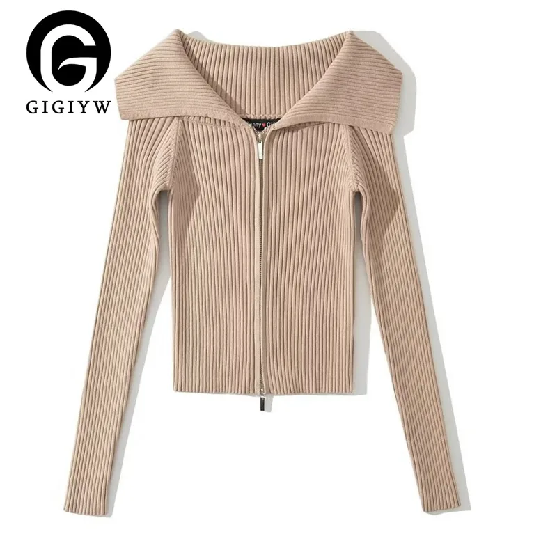 

Женский трикотажный свитер GIGIYW, белый Укороченный кардиган с V-образным вырезом и двойной молнией, Осень-зима 2022