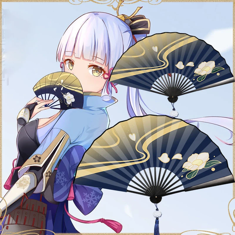 

Genshin Impact Kamisato Ayaka Cosplay Fan Waterproof Cloth Folding Fan Summer Durable Portable Hand Fan Cosplay Prop Gift
