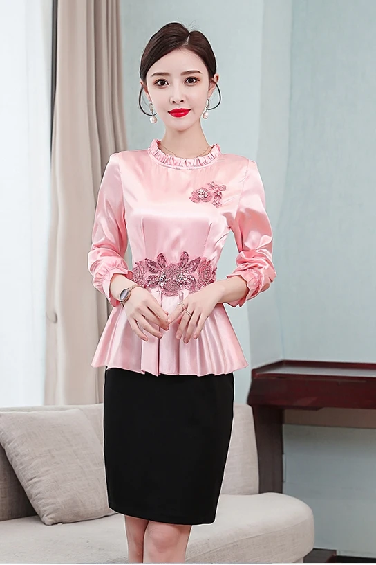 Блузка Женская атласная с длинным рукавом элегантный топ баской рубашка