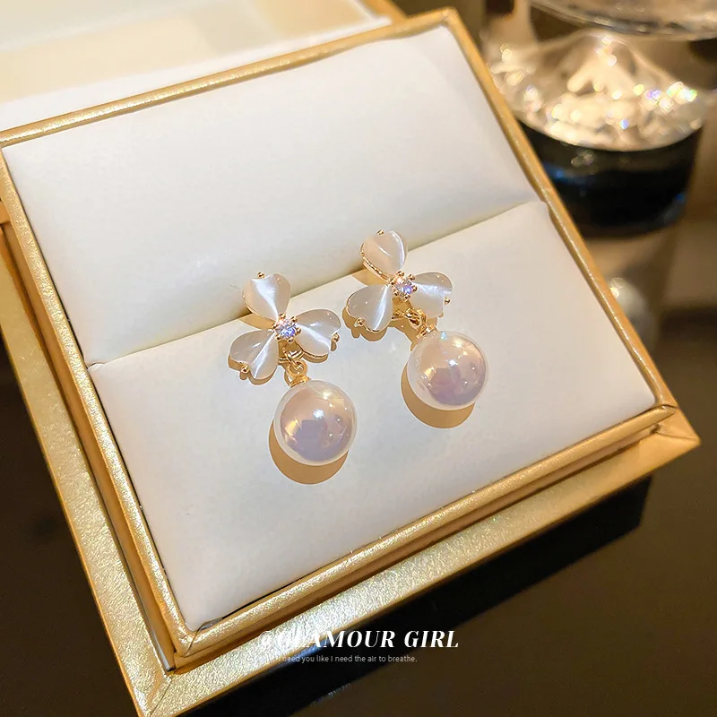 

Gold Plated 925 Silver Needle Opal Heart Flower Mermaid Princess Pearl French Premium Light Luxury Earrings